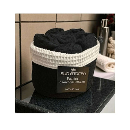 100% cotton basket + 6 guest towels - black