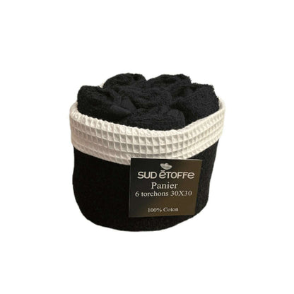 100% cotton basket + 6 guest towels - black